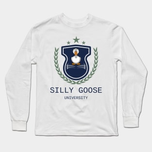 Silly Goose University - Angry Cartoon Goose Blue Emblem With Green Details Long Sleeve T-Shirt